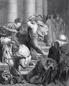 Gustave Dore 1800s Biblical Wood Engraving Jesus Cleanses the Temple FRAMED Signed
