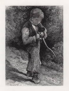Robert Brandard The Rustic Boy 1875 Engraving Signed: Robert Brandard. The Rustic Boy. Antique steel engraving on wove paper. 1875. Signed in the plate, lower left. Image Size 4 3/8 x 6 1/8 inches. Framed dimensions: Approximately 14 x 15 inches. Please