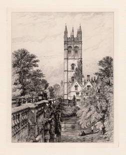 Robert Kent Thomas 1879 etching Magdalen Tower and Bridge signed: Robert Kent Thomas. (British, 1816-1884). Magdalen Tower and Bridge. Antique Etching on laid paper. 1879. Signed in the plate, lower left. Excellent. Image Size 7 1/8 x 9 inches. Framed dimensions app