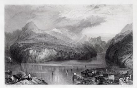 William Turner 1800s Engraving Lake Lucerne, Switzerland Signed Framed