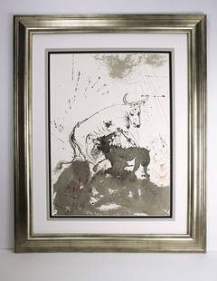 Salvador Dali 1967 Original Lithograph Ox and the Lion Framed: Salvador Dali. "Vitulus et ursus pascentur, simul requiescent catuli corum; et leo quasi bos comedet paleas. Et delectabitur infans ab ubere super foramine aspidis (The cow and the bear shall feed: th