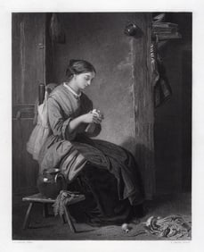 Joseph Vincent GIBSON SIGNED 1800s Engraving Cottage Interior FRAMED