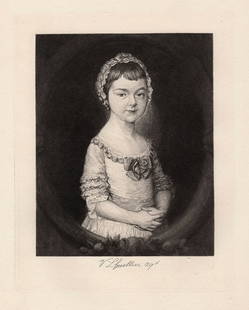 1877 Thomas Gainsborough Lady Georgiana Spencer as a Child etching signed: Thomas Gainsborough. (English, 1727-1788). Lady Georgiana Spencer as a Child. Antique Etching on laid paper after the original by Master Engraver Victor Gustave Lhuillier (French, British, 1844 - 1889