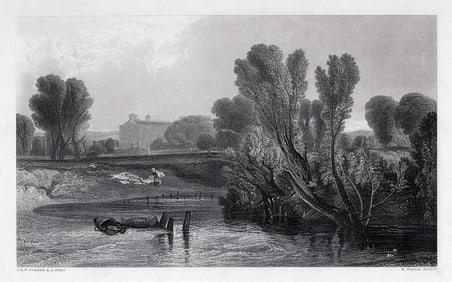 1800s JMW TURNER Engraving View of Thames FRAMED Signed