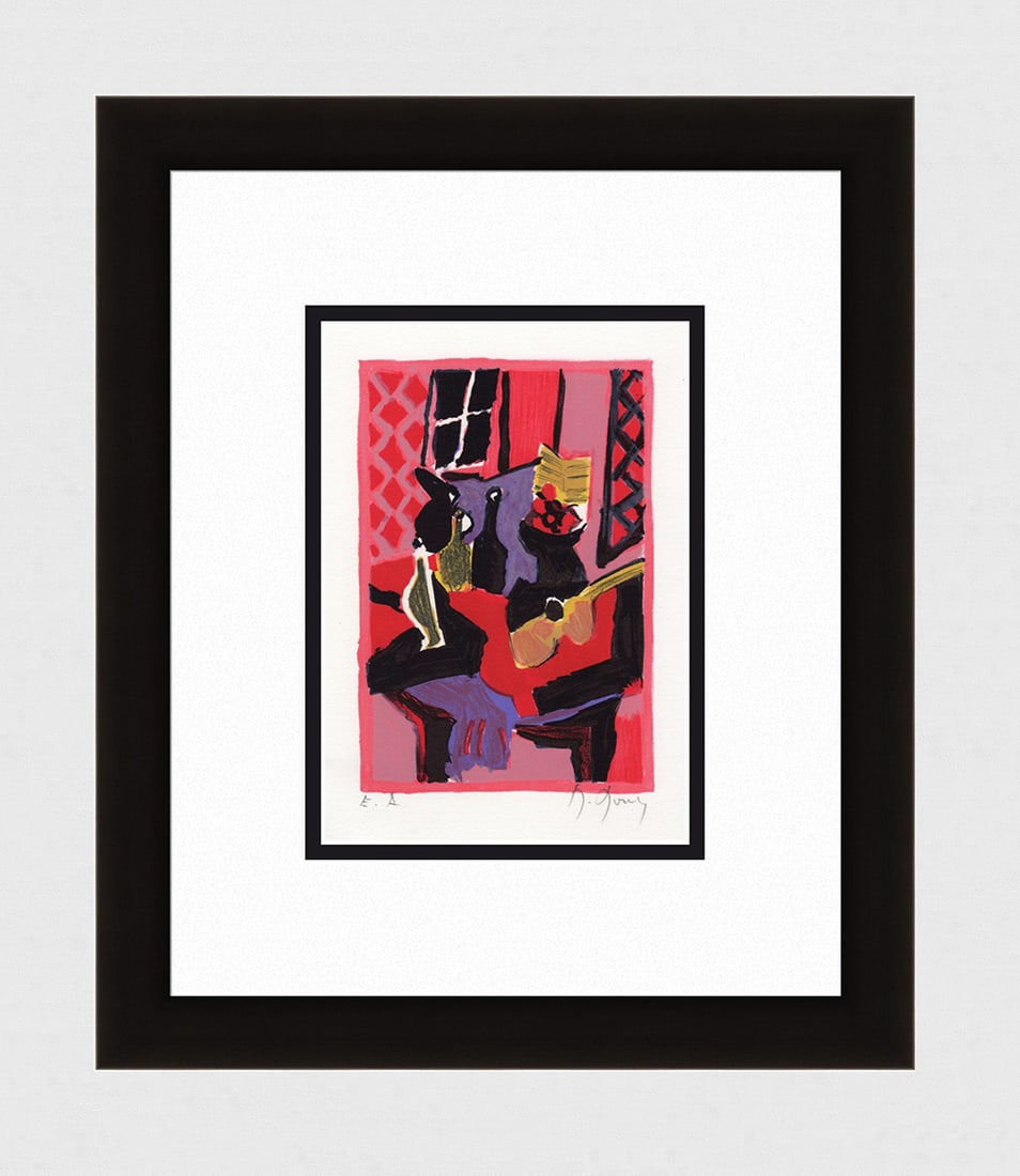 Marcel Mouly Hand signed Lithograph Musician's Bedroom Artist Proof: Marcel Mouly (1918 - 2008). La Chambre du Musicen (The Musician's Bedroom). Color lithograph on Wove paper. Year: 1989. Signed in pencil, lower right. Numbered EA (Artist Proof - Epreuve d'Artiste). I