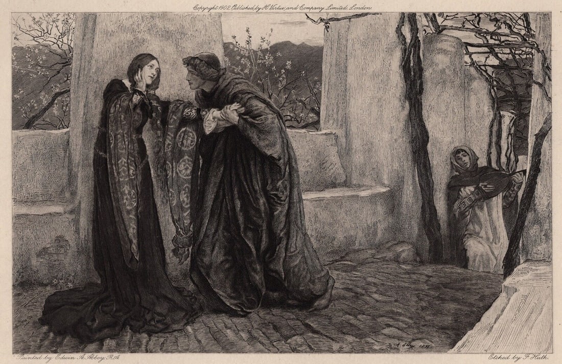 Edwin Austin Abbey Shakespeare Etching O Mistress Mine SIGNED FRAMED: Edwin Austin Abbey (American, 1852-1911). O Mistress Mine, where are you roaming?. Antique etching on wove paper after the original master etcher F Huth. Year: 1902. Signed in the plate. Plate size 6