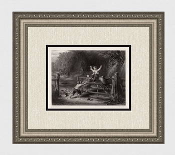1800s WILLIAM COLLINS SIGNED Engraving Where Children Play FRAMED: William Collins (English, 1788 - 1847). The Woodland Gate. Antique Engraving on wove paper after the original by master engraver Charles Cousen (British, c.1819 - 1889). Year: 1850. Signed in the plat