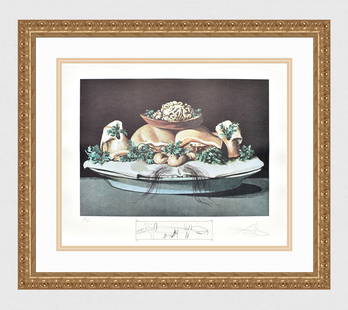 Salvador Dali Lithograph Diners of Gala Signed Numbered Limited Framed: Salvador Dali. Les Suprenes de Maillaise Liliputiens (Supremes of Lilliputian Malaises)(From Les Diners de Gala). Offset Lithograph in colors with Original Etched Remarque (Spoon on Crutches) lower ce