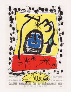 Joan Miro Sculptures lithograph signed: Joan Miro (1893 - 1983). Miro Galeries Matarasso, Nice. Color lithograph after the original poster. 1959. Signed in the Plate. Excellent. Sauret. Atelier Mourlot. Image size 6 1/4 x 8 5/8 inchesinches