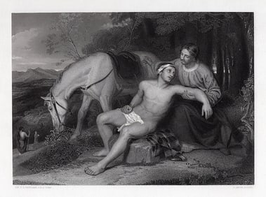 SIGNED 1800s Charles Lock Eastlake Engraving The good Samaritan FRAMED COA