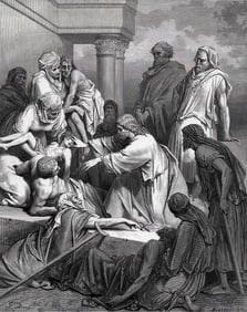 Biblical 1800s Gustave DORE'S BIBLE Woodcut Jesus healing the Sick SIGNED FRAMED