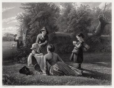 SIGNED 1800s THOMAS WEBSTER Engraving SPRING PLAYMATES Framed