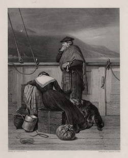 FRAMED 1800s John Watson Nicol Engraving Farewell to Lochaber SIGNED: John Watson Nicol (Scottish, 1856 - 1926). Lochaber No More. Antique engraving on wove paper after the original oil on canvas by master engraver engraver Charles Cousin (French, 1807-1887). Signed in