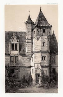 Original 1800s Victor Petit Lithograph Chateau De La Motte Signed Framed: Victor Jean Baptiste Petit (French 1817-1871). Chateau De La Motte Mayenne (Castle of La Motte, Mayenne). Original tinted lithograph on strong vellum paper. Year: 1860. Signed in the plate. Published