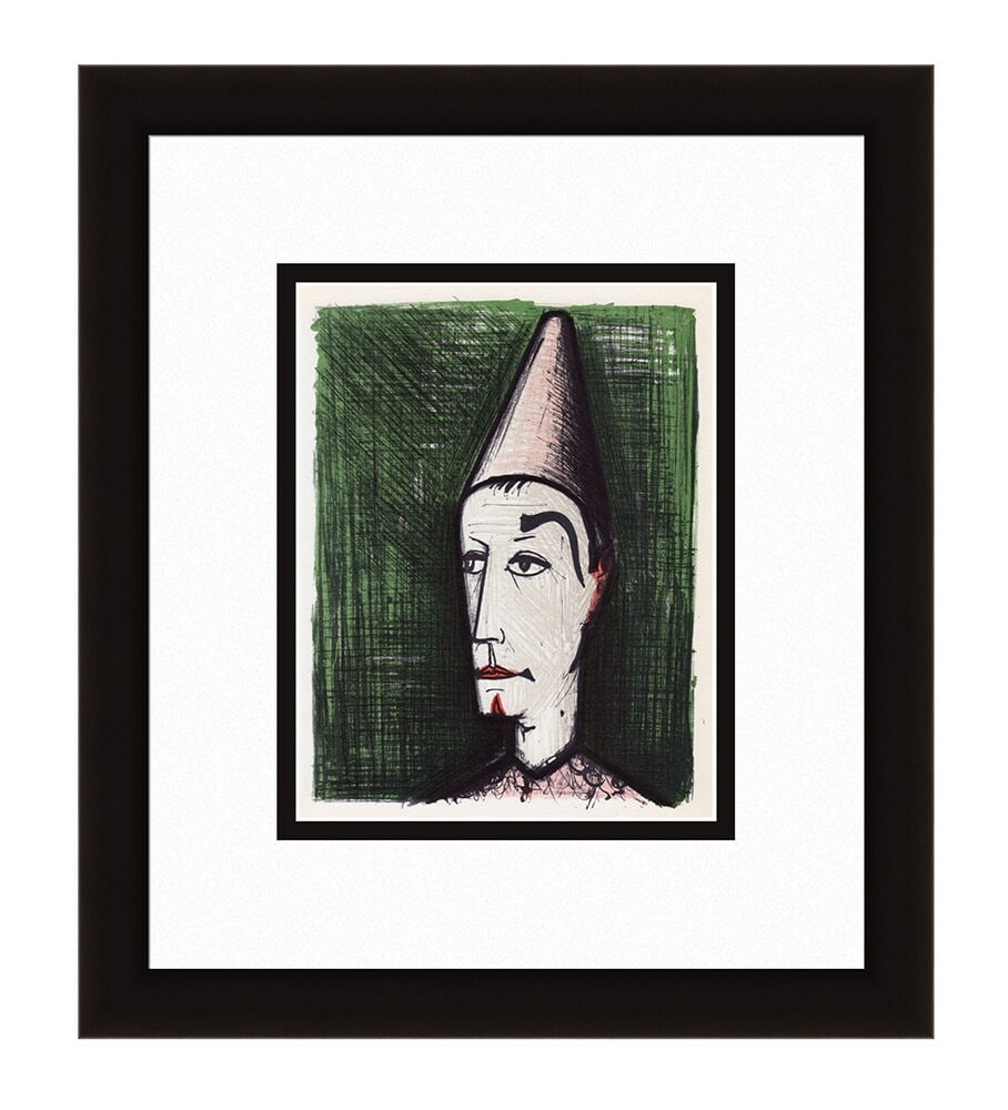 Bernard Buffet The Clown with the Green Background 1967 Lithograph: Bernard Buffet. The Clown with the Green Background. Color lithograph on wove paper after the original. 1967. Atelier Mourlot. Image Size 7 1/4 x 9 1/2 inches. Framed dimensions: Approximately 16 x 18