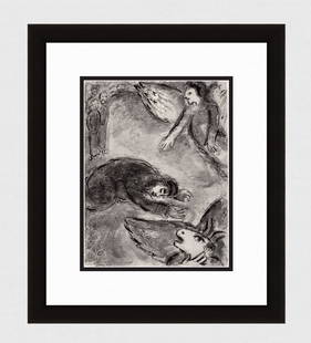 MARC CHAGALL 1960 Antique Biblical Print "Job's Sorrow" Gallery Framed: Marc Chagall (1887-1985). The trials of Job. Antique black and white heliogravure on wove paper. Year: 1960. Teriade. Draeger Freres. Limited to 6500 Examples. Image size 9 1/2 x 12 1/4 inches. Framed
