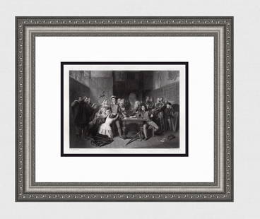 John Faed 1800s Antique Engraving Justice of the King Signed Framed: John Faed (Scottish, 1819-1902). The Justice of the King. Antique engraving on wove paper after the original by master engraver Charles Henry Jeens (British, 1827-1879). Signed in the plate. Year: 186