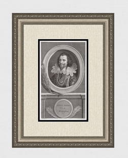 Adriaen van der Werff 1697 Engraving George Villiers Framed: Adriaen van der Werff (1659 - 1722). Portrait of George Villiers, 1st Duke of Buckingham. Antique engraving on wove paper after the original by master engraver Charles Louis Simmonneau (1645-1728). Ye