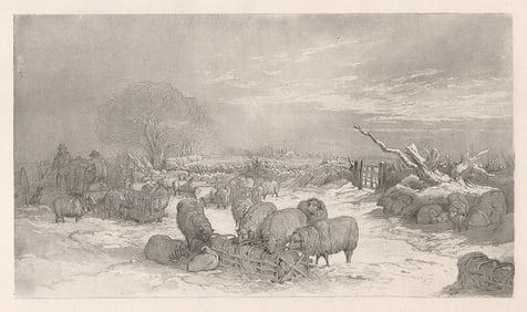 EDWARD DUNCAN 1800s Antique Print WINTER , SHEEP FEEDING Framed