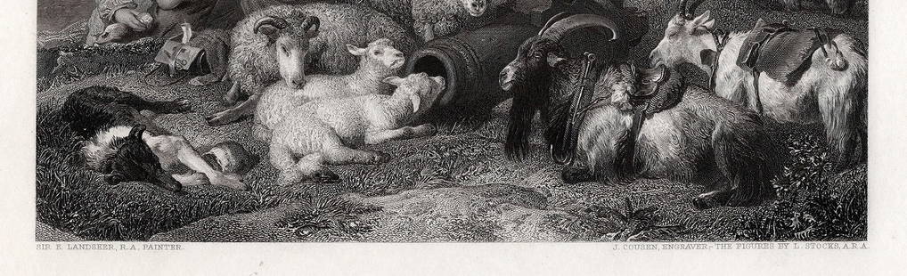 Edwin LANDSEER 1800s Engraving Time of Peace SIGNED Framed: Sir Edwin Henry Landseer (English, 1802-1873). Time of Peace. Antique engraving on wove paper after the original by master engraver John Cousen (British, 1804-1880) & Lumb Stocks (British, 1812-1892).