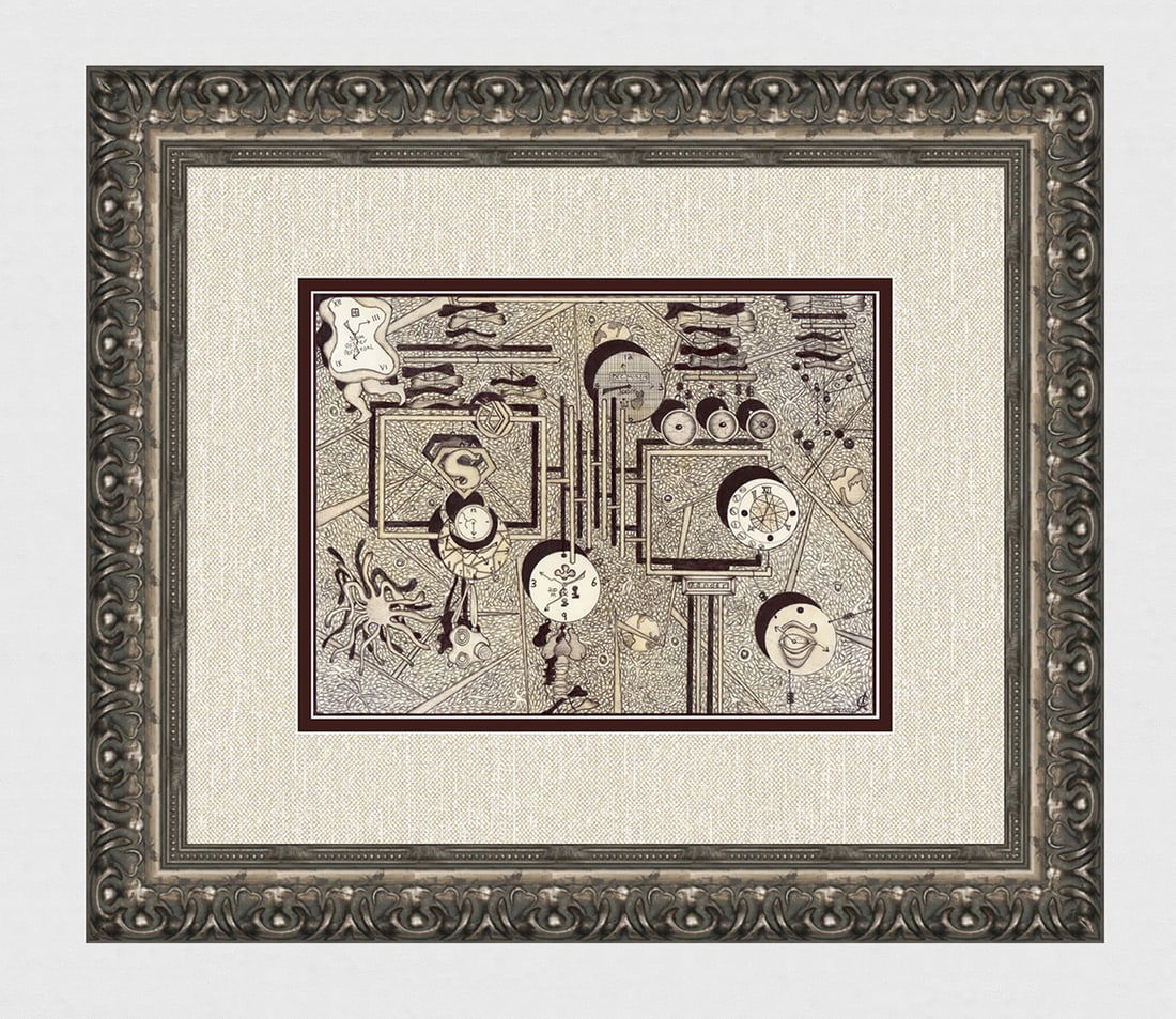 Alexander Constantine Ink Drawing Bones of Time signed: Alexander Constantine. Bones of Time. Original ink drawing. Year: 2012. Signed by the Artist, lower right. (Ink study for a painting). Sight 7 x 9 3/8 inches. 15 x 17 1/4 inches. This piece has been p