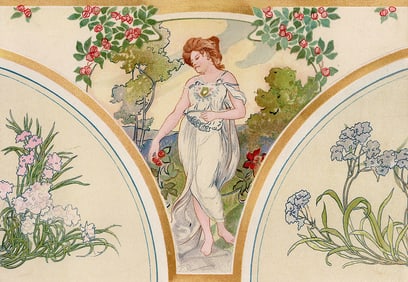 Reinhold Volkel Original 1800s Lithograph "Lady of the Roes Garden" Framed