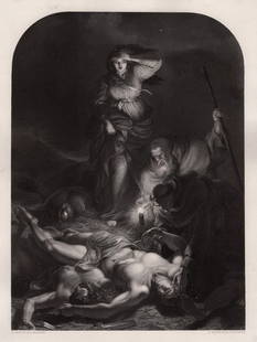 1800s William HILTON SIGNED Engraving Editha Searching for Harold FRAMED: William Hilton (British, 1786-1839). Finding The Body of Harold. Antique engraving on wove paper after the original by master engraver Edward Richard Whitfield (British, 1817-1870 or later). Year: 185