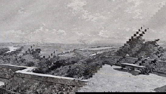 Louis Tauzin 1800s Antique Print Scenic Views of Paris SIGNED Framed: Louis Tauzin (1842-1915). View of Paris from the Terrace of Meudon. Antique print after the original. Year: c. 1890. Signed in the plate, lower left. Image Size 6 1/2 x 12 inches. Framed dimensions ap