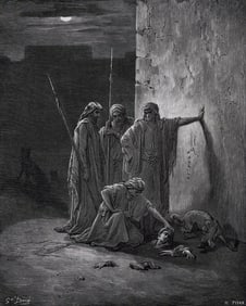 SIGNED 1800s GUSTAVE DORE Biblical Woodcut Jehu's Companions Find Jezebel FRAMED
