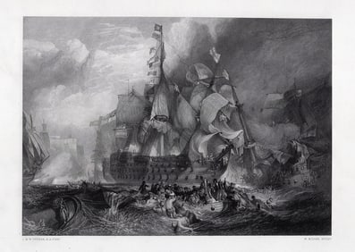 WILLIAM TURNER 1800s Engraving The Historic Battle of Trafalgar SIGNED Framed