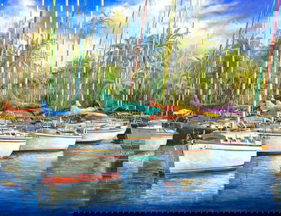 Original Paul Wren Marina II Painting 40 x 30 inches: Paul Wren. Marina II. Original Oil painting on canvas. Canvas Size 40 x 30 inches. Paul Wren was born on October 8, in Peru, in 1965. Middle child of a very large family. Showing signs at a very young