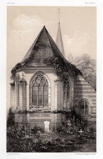 SIGNED 1800s Victor PETIT Original Lithograph Old French Church FRAMED: Victor Jean Baptiste Petit (French 1817-1871). E'glise Du Tilleul, Seine (Linden Church, Seine). Original tinted lithograph on strong vellum paper. Year: 1860. Signed in the plate. Published by A Goda