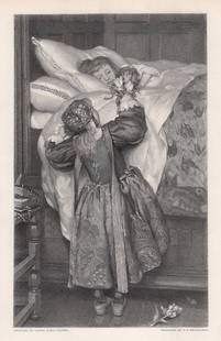 1800s Lawrence ALMA-TADEMA SIGNED Engraving A Sister's Love FRAMED: Laura Alma-Tadema (British, 1852-1909). The Sisters. Antique Hand pulled copper plate engraving, after the original by master engraver David Joseph Desvachez (French, 1822-1902). Year: 1883. Signed in