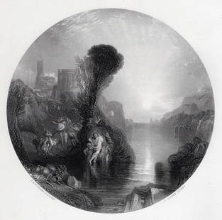 JMW TURNER 1800s Engraving Bacchus and Ariadne SIGNED Framed: Joseph Mallord William Turner (English, 1775-1851). Bacchus and Ariadne. Antique engraving on wove paper after the original by master engraver Charles Cousen (British,1819 - 1889). Year: 1860. Signed