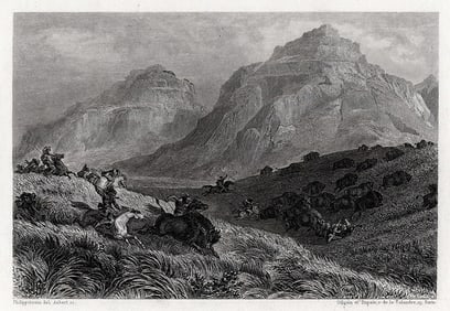 Henri Feix Emmanuel Philippoteaux 1800s Engraving HUNTING BISON Framed Signed
