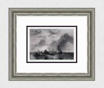 TURNER 1800s Engraving Orange Merchantman Going To Pieces Framed Signed: Joseph Mallord William Turner (English, 1775-1851).Orange Merchantman going to Pieces.Antique engraving on wove paper after the original by master engraver Robert William Wallis (British, 1794-1878).Y