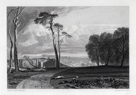 1800s WILLIAM TURNER Engraving The Hound Chasing the Hare FRAMED Signed: Joseph Mallord William Turner (English, 1775-1851). Battle Abbey (Battle Sussex, the Spot Where Harold Fell). Antique engraving on wove paper after the original by master engraver William Bernard Cook