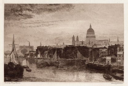 HENRY DAWSON Etching "View of St Paul's from the River" Framed Signed