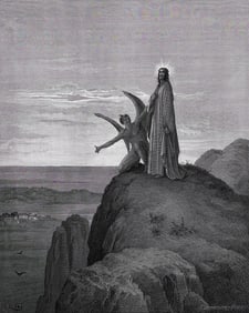 1800s Gustave DORE SIGNED Religious Woodcut THE TEMPTATION OF JESUS Framed