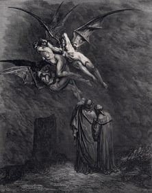 GUSTAVE DORE 1800s Divine Comedy Woodcut THE THREE FURIES Framed Signed