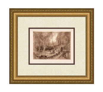 Joseph Mallord William Turner Landscape with Huntsman 1884 etching: Joseph Mallord William Turner. (English, 1775-1851). Landscape with Huntsman. Antique Copper Plate Etching with Aquatint on Thick Laid Paper after the Original by a Master Etcher. 1884. Excellent. Ima