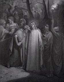 Framed 1800s Gustave Dore Religious Woodcut THE JUDAS KISS Signed