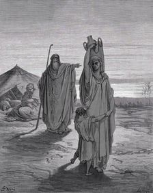 SIGNED GUSTAVE DORE'S BIBLE 1800s Woodcut Hagar and Ishmael Depart FRAMED