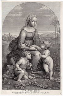 Raphael Madonna in the Garden Engraving 1700's: Raphael (1483-1520). Madonna Jardinie - La Sainte Vierge. Antique engraving on laid paper after the original by master etcher/engraver Jacques Chereau le jeune, (French, 1688-1776). Year: 1729 - 1740.