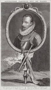 Adriaen van der Werff 1697 Engraving Alexander Farnese Framed: Adriaen van der Werff (1659 - 1722). Portrait of Alexander Farnese. Antique engraving on wove paper after the original by master engraver Pieter van Gunst (Dutch, 1658/9 - 1731). Year: 1697. Signed in