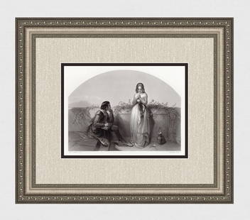 Joseph John Jenkins 1855 Antique Engraving Love at First Sight Framed Signed: Joseph John Jenkins (British, 1811 - 1885). First Love. Antique engraving on wove paper after the original by master engraver Samuel Sangster (British, 1805-1872). Signed in the plate. Year: 1855. Ima