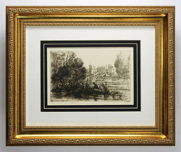 1876 Sir Francis Seymour Haden Twickenham Church etching signed: Sir Francis Seymour Haden. (English, 1818-1910).Twickenham Church. Antique copper plate etching on laid paper. 1865/72. Signed in the plate lower left. Excellent. Plate size 5 7/16 x 8 7/16 inches. Ap