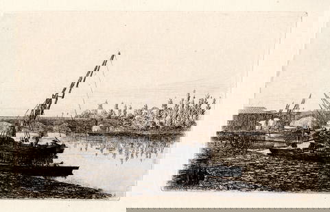 Lawrence Barnett Phillips Kingston on Thames 1875 etching: Lawrence Barnett Phillips. (L. B. Phillips) (1842-1922). Kingston on Thames. Antique hand pulled copper plate etching on laid paper. 1875. Excellent. Image Size 4 x 8 inches. Framed dimensions approxi