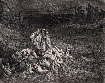 Gustave Dore The Angry Ones Divine Comedy c. 1880 Woodcut Framed
