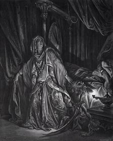 FRAMED 1800s Gustave DORE Religious Woodcut Judith & Holofernes SIGNED